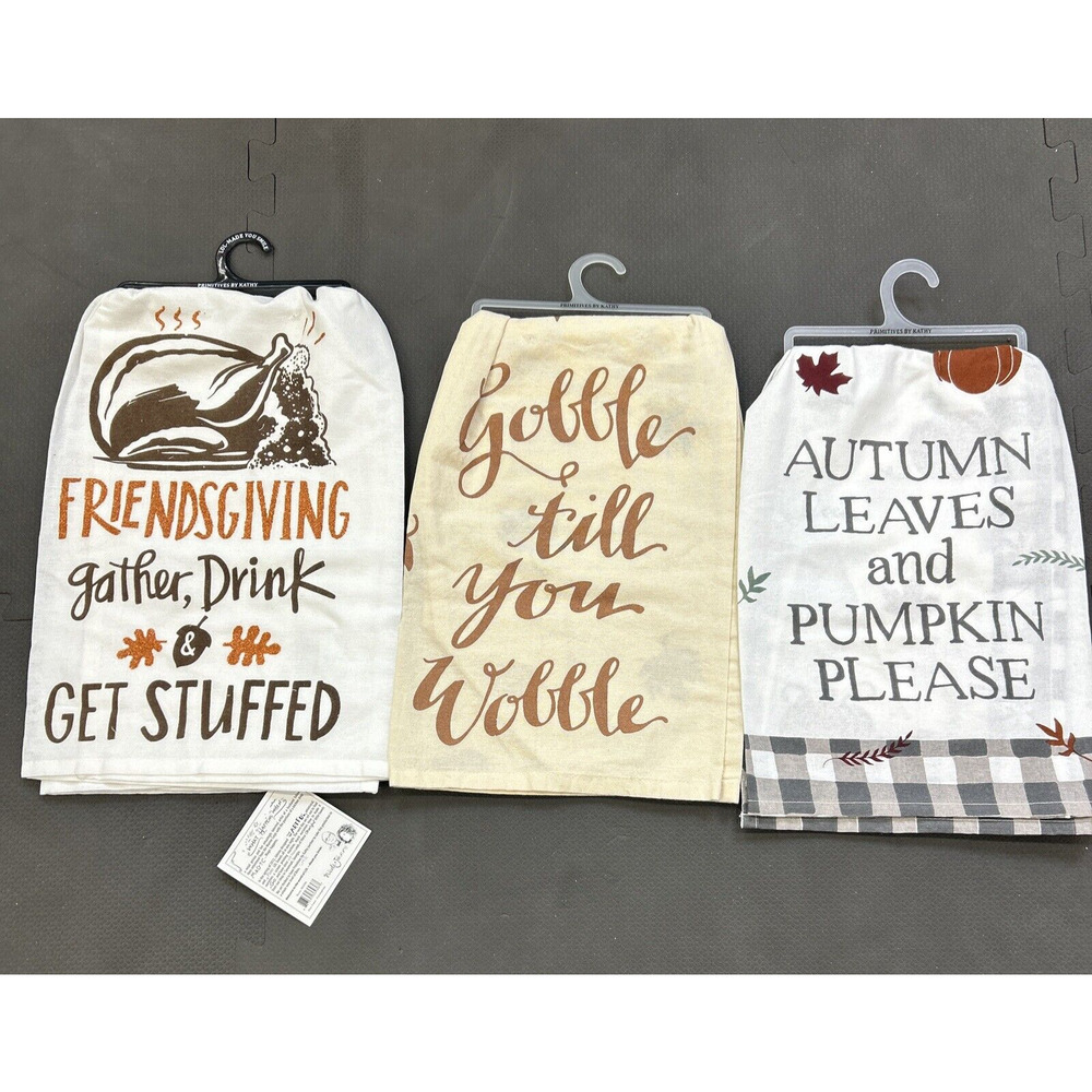 NWT Set 3 Primitive's by Kathy Kitchen Dish Towels Fall Friends(Thanks)giving